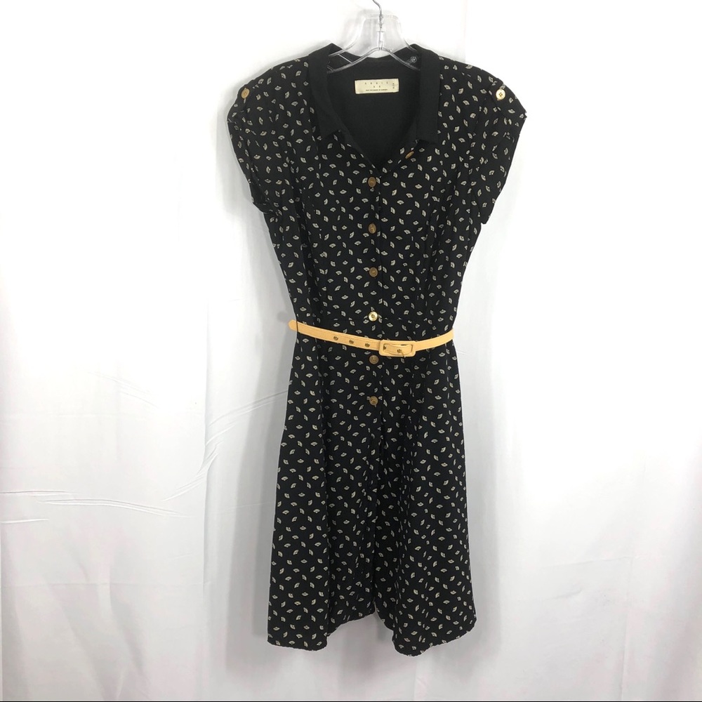 Annie 50 Black Tan Button Down Belted Dress S